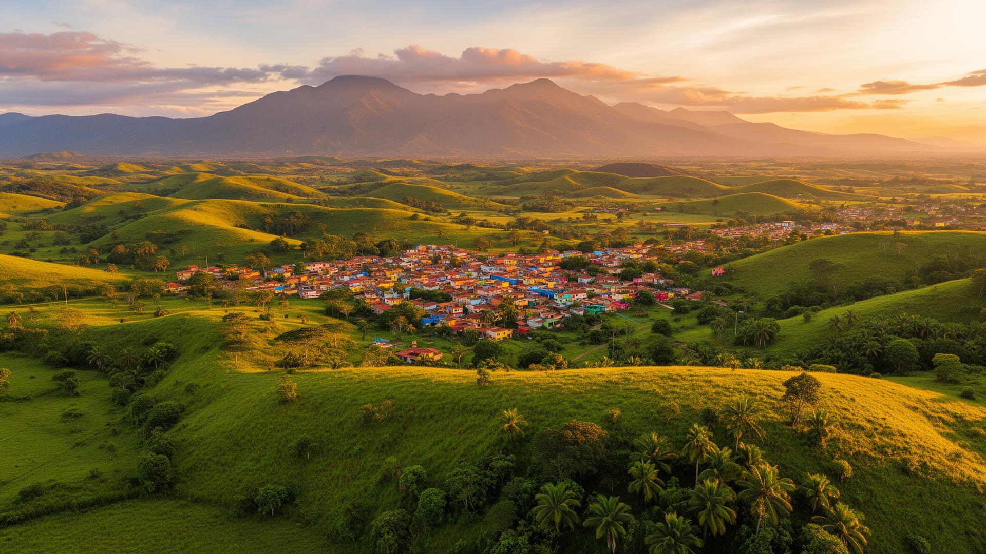 Vista aérea de La Sabana con colinas verdes y un pueblo colorido